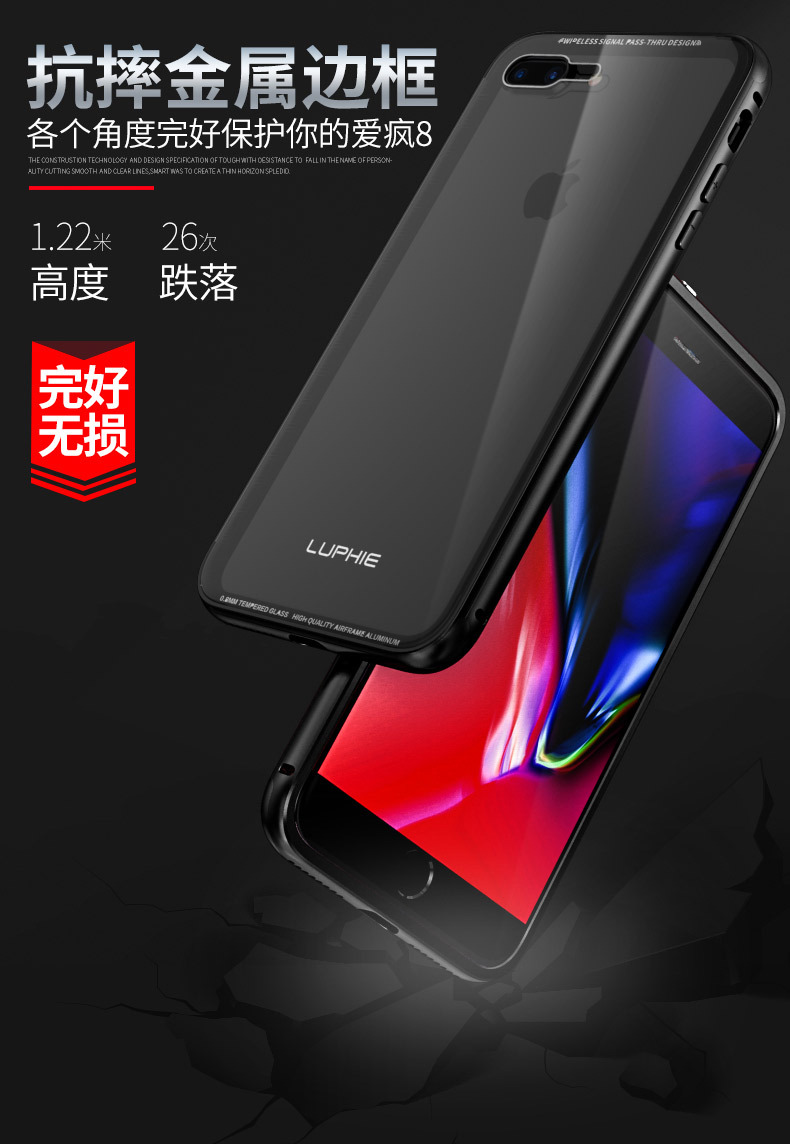 Luphie iGlass Airframe Aluminum Bumper Air Barrier Tempered Glass Back Case Cover for Apple iPhone 8 Plus & iPhone 8