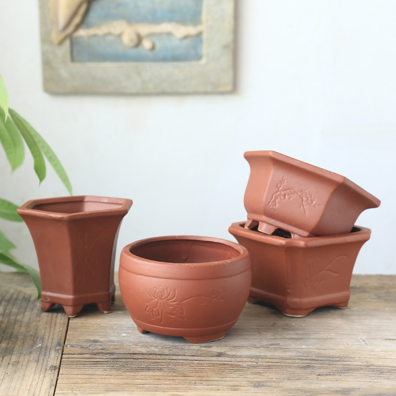 Red Breathable Ceramic Succulent Potted High Temperature Creative Retro Simple Purple Sand Breathable Plain-Fired Flower Pot Pot Pottery