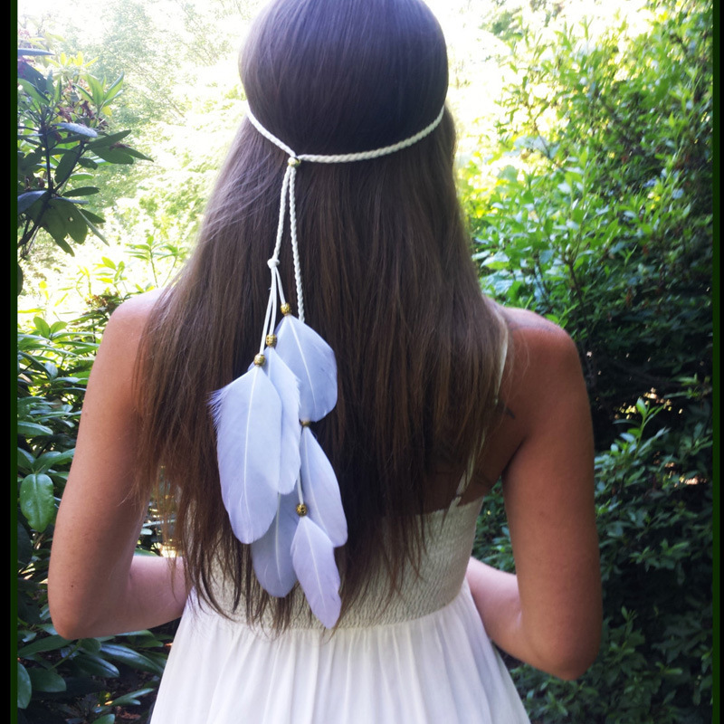 zs018 Gypsy headband bohemian bridal headband female beaded white feather headband hair band