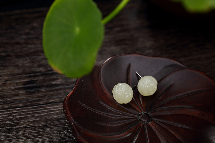 Bông tai hoa sen ngọc bích Hetian tự nhiên bạc S925 — Cỡ Nhỏ, Cỡ to chi tiết 12