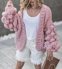 2020秋冬新款欧美风纯手工编织球球灯笼袖 毛衣外套女开衫sweater