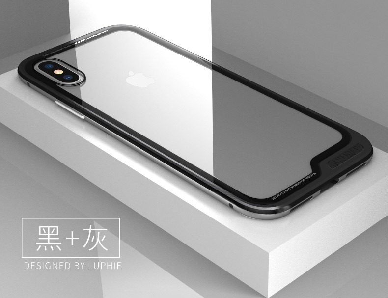 Luphie Clip-on Shockproof Aerospace Aluminum Bumper Toughened Glass Cover Case for Apple iPhone X