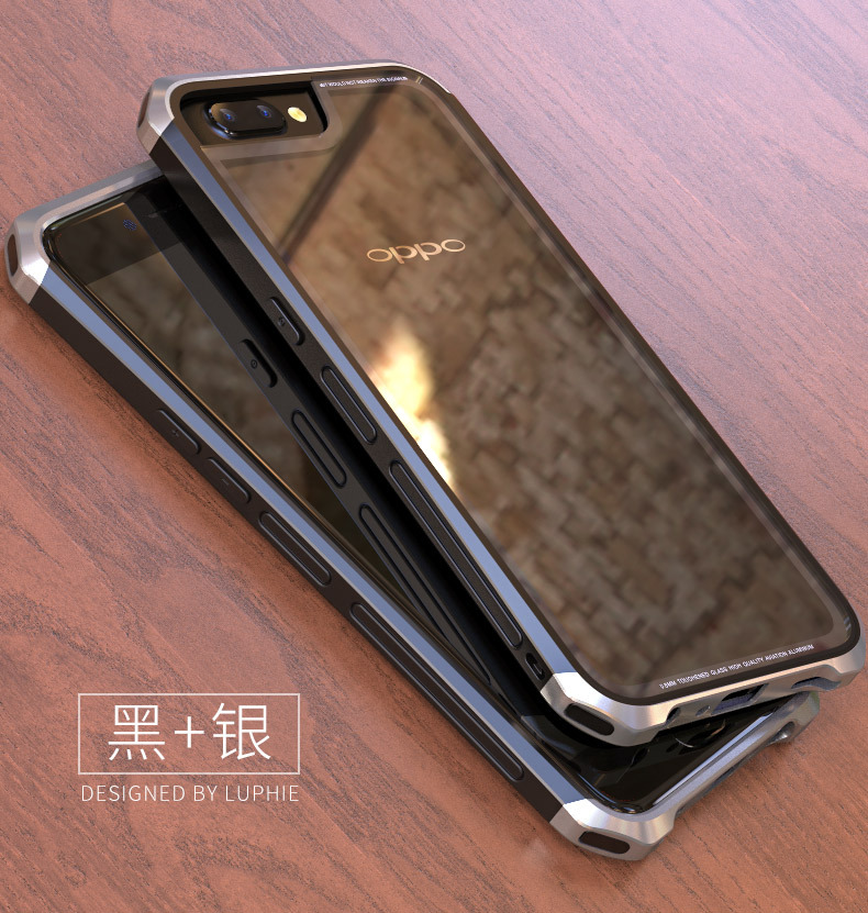 Luphie Nunchaku Airframe Metal Frame Air Barrier Tempered Glass Back Case Cover for OPPO R11 & OPPO R11 Plus