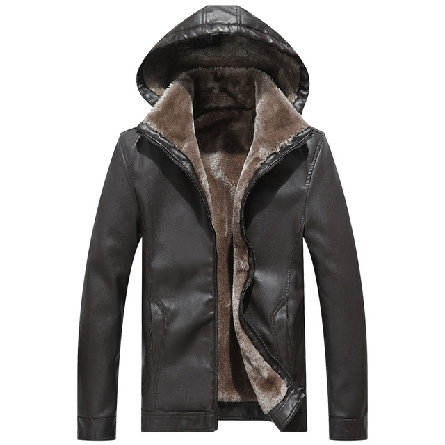 Casual men’s fashion hooded Lapel leather