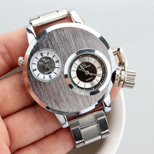 V6手表外贸新款大盘双机芯手表男士时尚石英腕表合金皮革学生手表