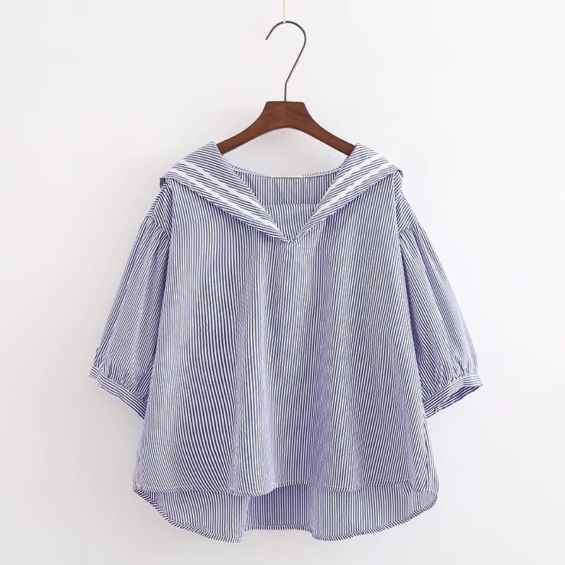 Summer New Arrival Navy Striped Loose Short-sleeved T-shirt Women's T-shirt 24104