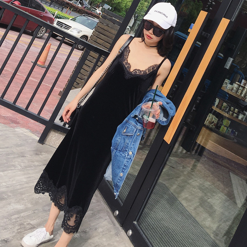 马思纯同款吊带连衣裙独立设计进口丝绒复古秋冬打底衫蕾丝长款裙