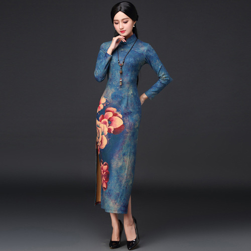 Chinese cashmere thickened long sleeve cheongsam skirt cheongsam