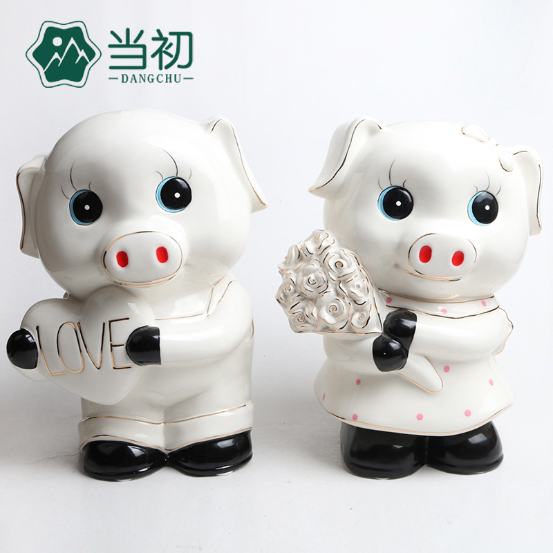 存钱罐情侣猪玫瑰爱心陶瓷大号储钱罐储蓄罐高档婚庆结婚生日礼物