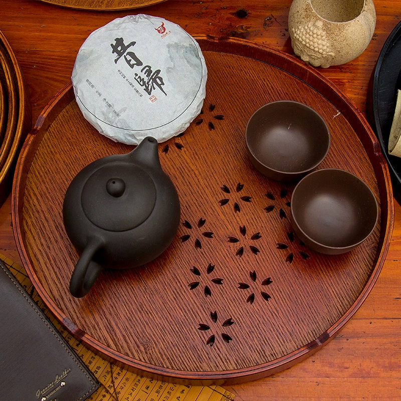 Round Solid Wood Tea Tray, Japanese-Style Serving Plate, Multiple Diameters 21–37.5 cm
