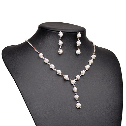 Cross-border new product launch: Pearl necklace set with sparkling rhinestone long earrings—versatile European and American-style bridal wedding accessories.