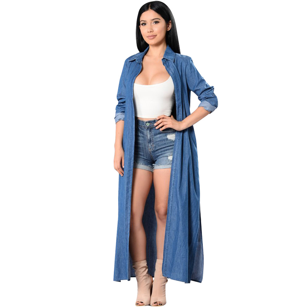 long-sleeved lapel denim long windbreaker jacket nihaostyles wholesale clothing NSSCJ95863