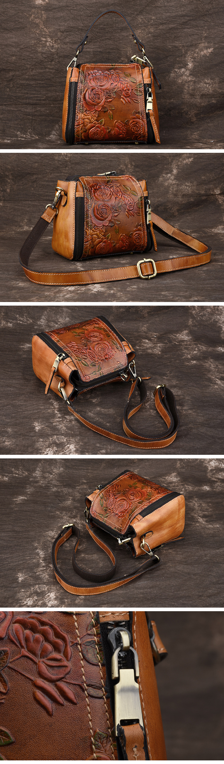 Genuine Leather Floral Embroidered Vintage Handbag Women's Tote