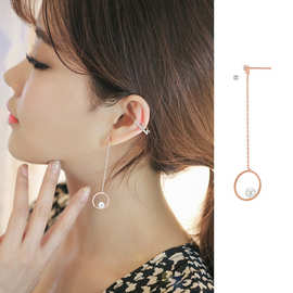 韩版时尚925纯银耳钉 简约金属风设计感不对称圆环珍珠耳环批发