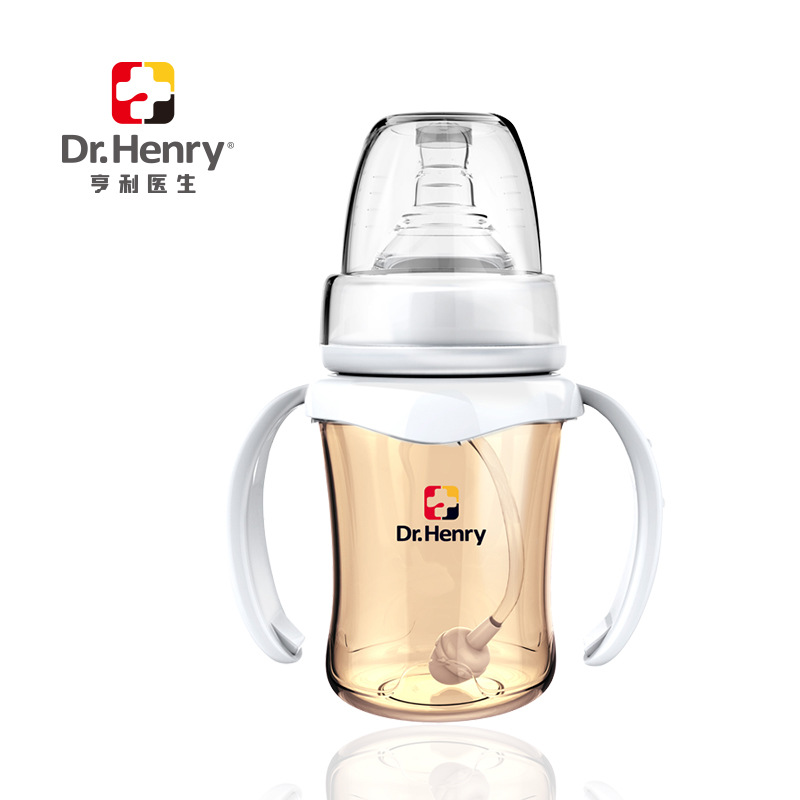 跨境专供防摔宽口径婴儿奶瓶带手柄弧形带吸管ppsu弧形塑料奶瓶