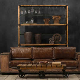 美式复古铁艺实木沙发椅休闲卡座茶几沙发办公长椅做旧皮革沙发椅