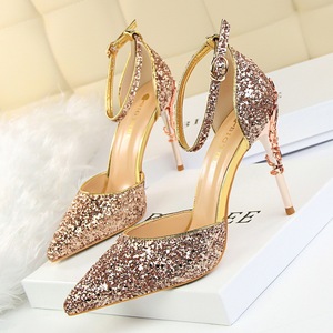 Sexy hollow out nightclub show thin metal heel high heel glitter Sequin strap sandals