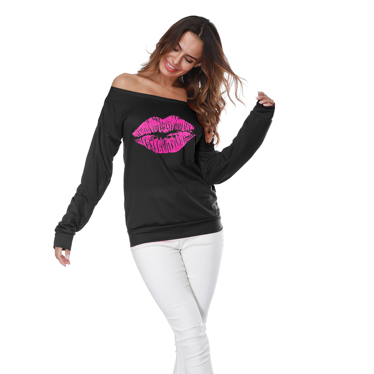 Off Shoulder Long Sleeve Sweatshirt Loose Fit Lip Print Casual Style Womens Top for Everyday Wear Wholesale