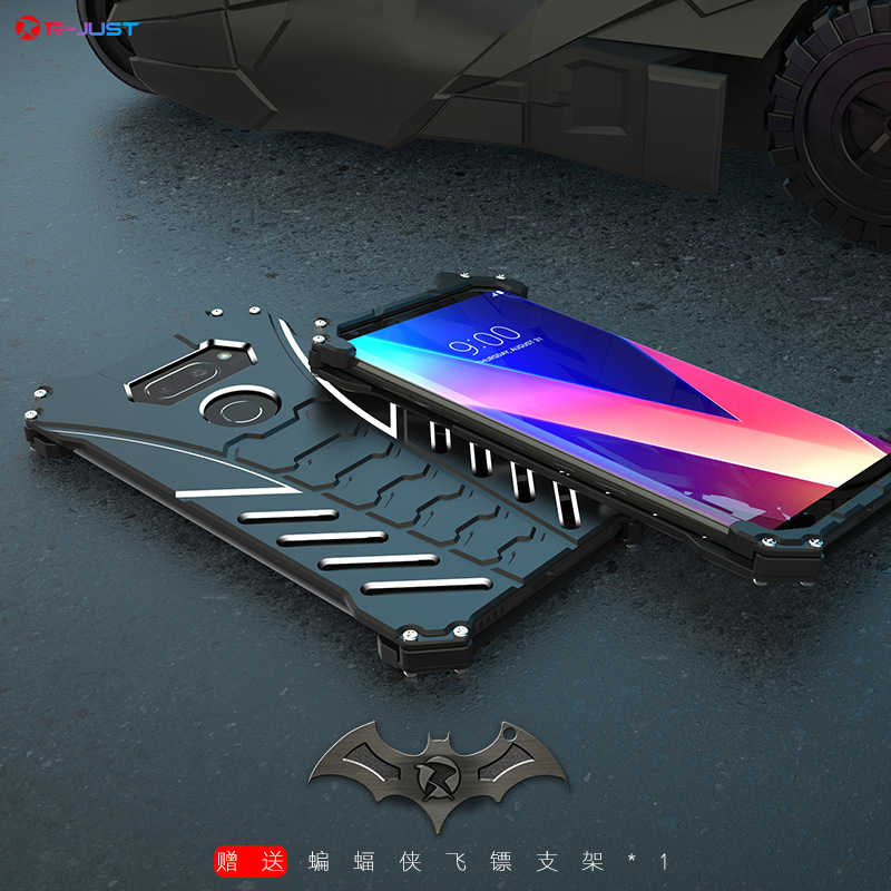 R-Just Batman Shockproof Aluminum Shell Metal Case with Custom Batarang Stent for LG V30 & LG V30+