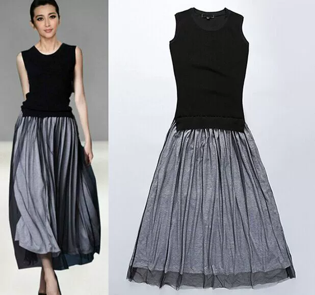 2019 новое платье с сетчатой прострочкой из искусственных двух частей вязаный жилет юбка тонкое темпераментное платье