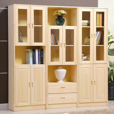 书房家具 简易书柜书橱自由组合松木带门实木书柜书架可定制|ru