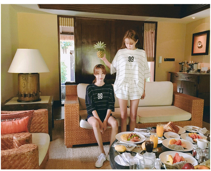 帮手描述图：新款韩版休闲宽松显瘦夏季韩版女款纯黑色两件睡衣套