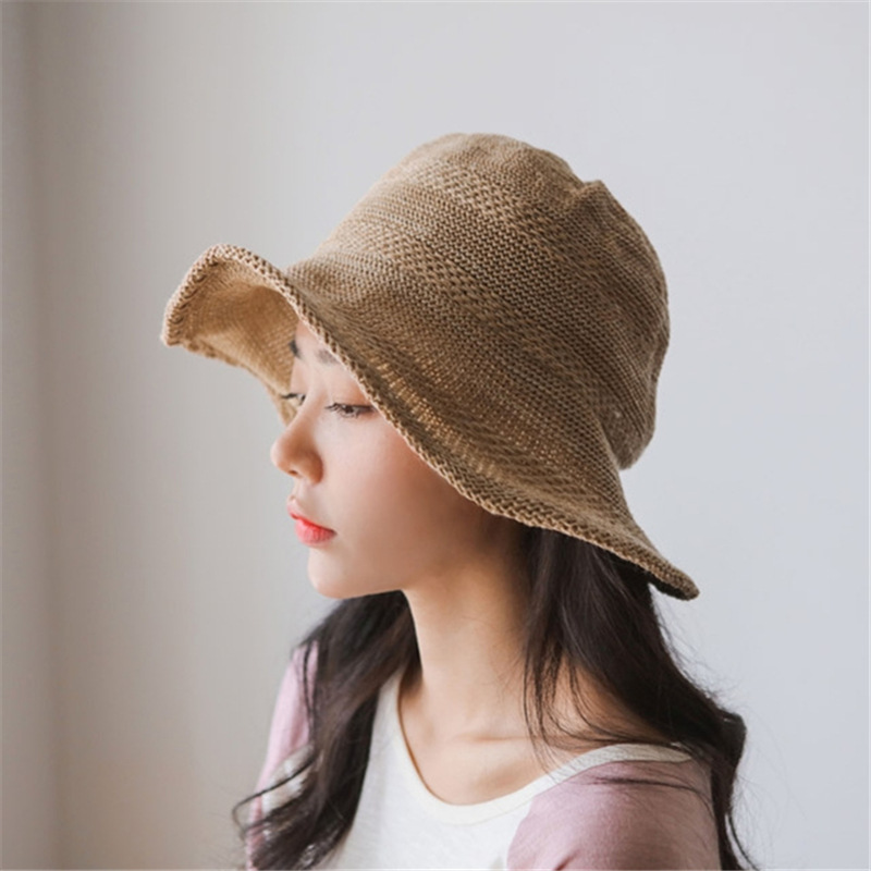 韓國代購ins純色遮陽帽透氣漁夫帽女荷葉邊休閒女盆帽戶外度假帽