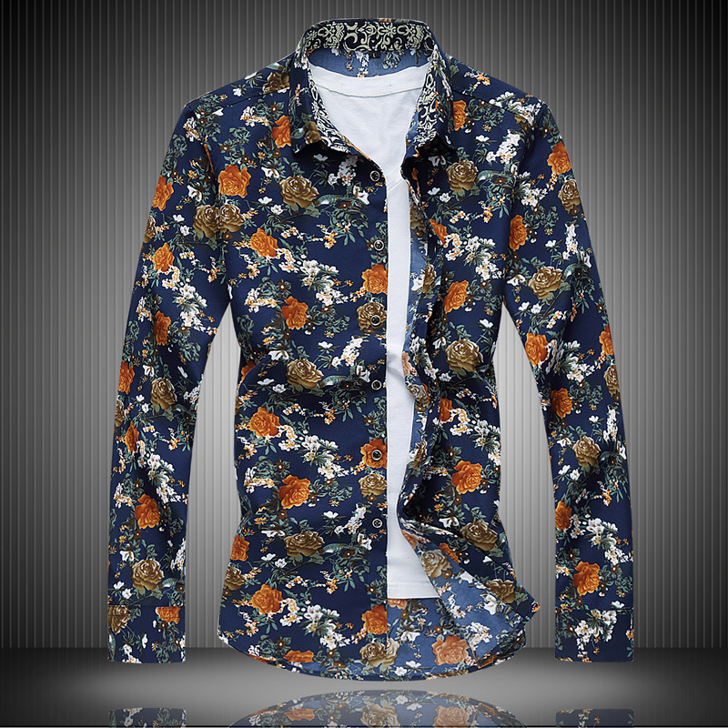 Summer New Men's Floral Slim Long-Sleeved Shirt Men's Large Size Casual Shirt Plus Size Fat Inch Shirt