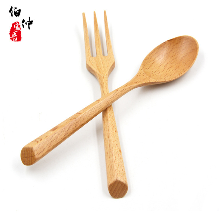 Japanese Style Creative Triangle Handle Wooden Spoon Fork Set Portable Wooden Spoon Fork Combination Wooden Tableware Wholesale