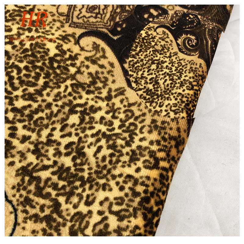 外单花型针织涤纶氨纶经编绒布面料印花工艺西装裙子长袍