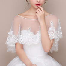 韓版歐美新娘結婚婚紗禮服配飾小披肩外套斗篷套頭水鑽點綴立體花