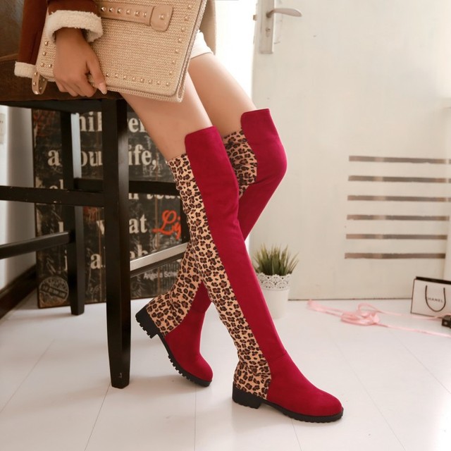 Sexy leopard print long barrel round head low heel Knight boots