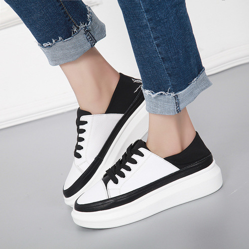  New Genuine Leather Pancake Leisure Shoes Korean Style Low-top Lazy Fashionable Breathable Slip-On Women's White Shoes