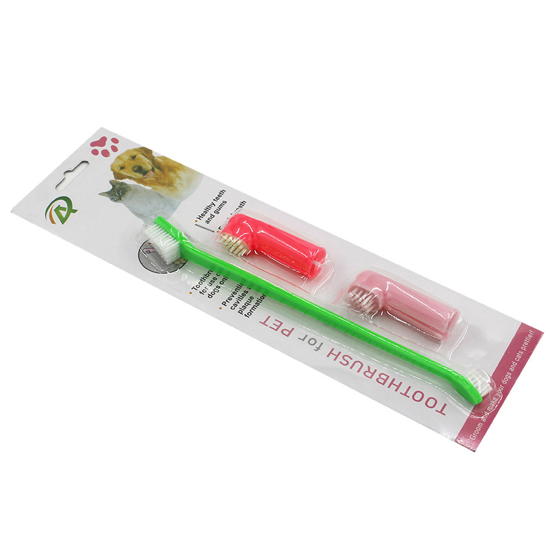 Cepillo de dientes para mascotas de tres piezas conjunto de gato y perro de doble cabeza cepillo de la manga del dedo cepillo de limpieza de mascotas dientes de molienda cepillo de dientes perro cepillo de dientes