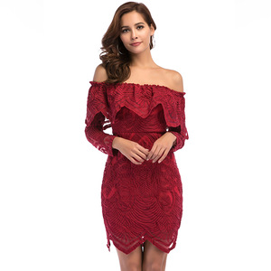 shoulders long sleeves sexy dress hip party lace dress 