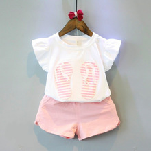 INS韩版童装2020童装女童夏季新款拖鞋飞袖t恤+短裤两件套装