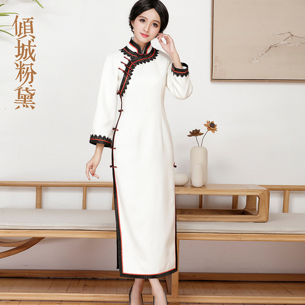 Demi-season fashionable woolen elegant ethnic cheongsam