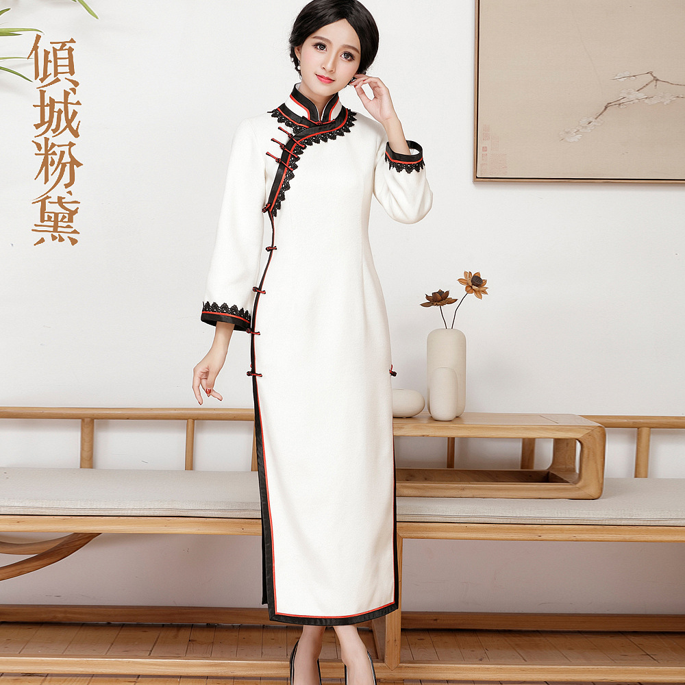 Demi-season fashionable woolen elegant ethnic cheongsam