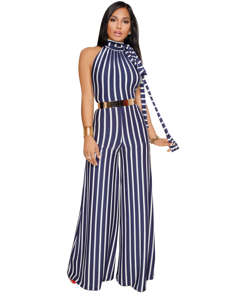 Striped Lace Up Backless Wide Leg Jumpsuit NSMRF116732