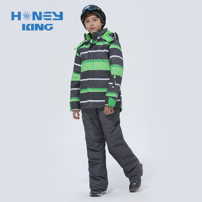 厂家直销低价批发HONEYKING儿童滑雪服冲锋衣男童条纹保暖套装|ms