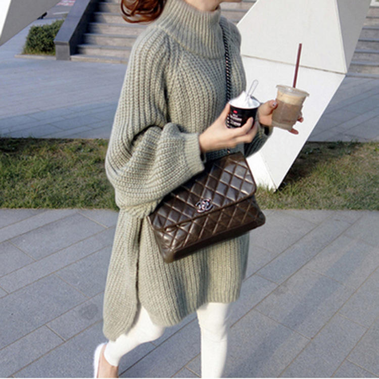 韩国代购2021冬季新款韩版慵懒风宽松半高领中长款毛衣针织衫女装