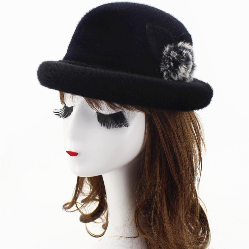 女士冬季帽子 新款水貉毛保暖中老年帽毛球卷边中年妈妈帽批发