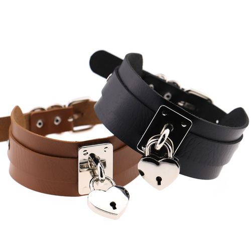 New European and American-style punk double-layer padlock metal collar for bondage, slave training, and BDSM play—fashionable neck accessory and choker.