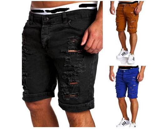 Summer new men's dilapidated slim washed jeans shorts