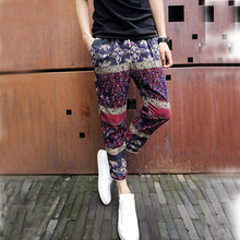 2017夏装薄款亚麻9分裤复古休闲碎花小脚裤男士时尚修身九分裤潮