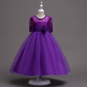 Autumn and winter in Europe large children dress princess skirt sleeve flower girl dress female Purple Lace costumes w