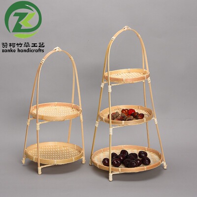 竹编点心水果篮 手工多层展示置物架 酒店收纳提篮竹盘 茶具配件|ms