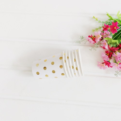 New gold-plated 270ml paper cups with 9.5 inches, disposable cups, featuring stripe and round dot patterns with gold star decorations, pack of 8