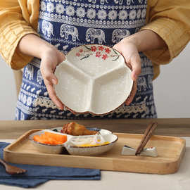 德丰日式釉下彩手绘陶瓷盘子餐盘三格分餐盘小吃甜品备菜盘子地摊