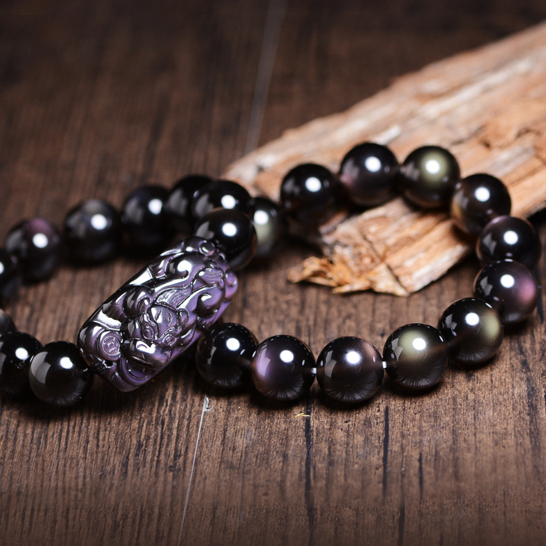 可塘水晶廠家直銷天然冰種黑曜石貔貅手鏈 彩虹眼冰彩黑曜石手串